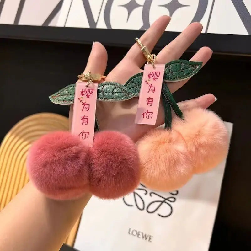 ZAKOL New Cute Fluffy Rex Rabbit Fur Ball Pompom Leaf Keychain Cherry Key Chain Handbag Car Key Chain Ring Gift Quick Pick Grocers