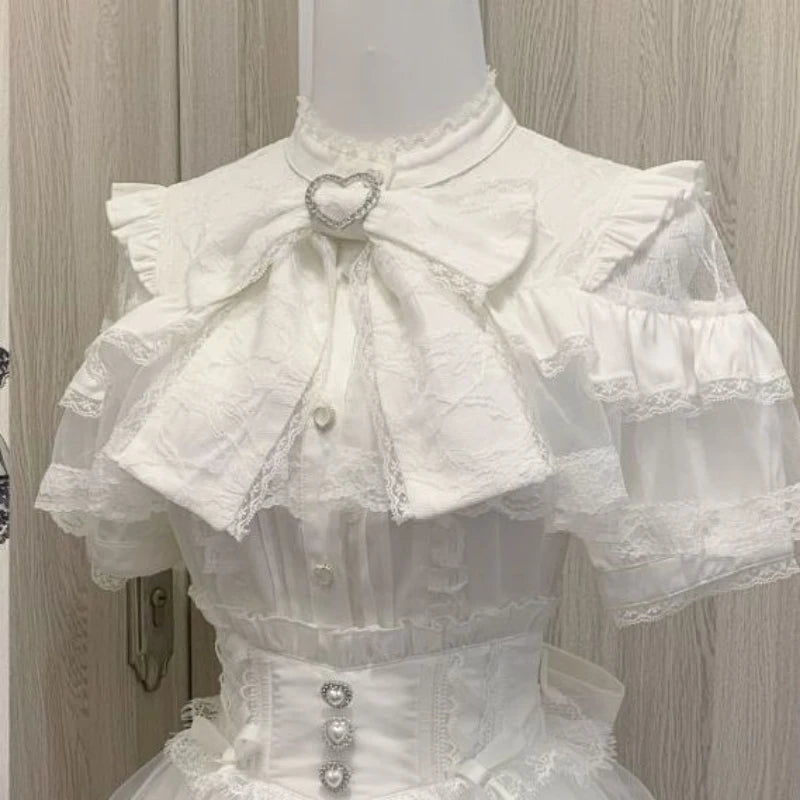 Japanese Kawaii Lolita Lace Patchwork Blouses Summer Women Harajuku Single Breasted Sweet Shirts Cute Girly JK Bow Tops Blusas Quick Pick Grocers