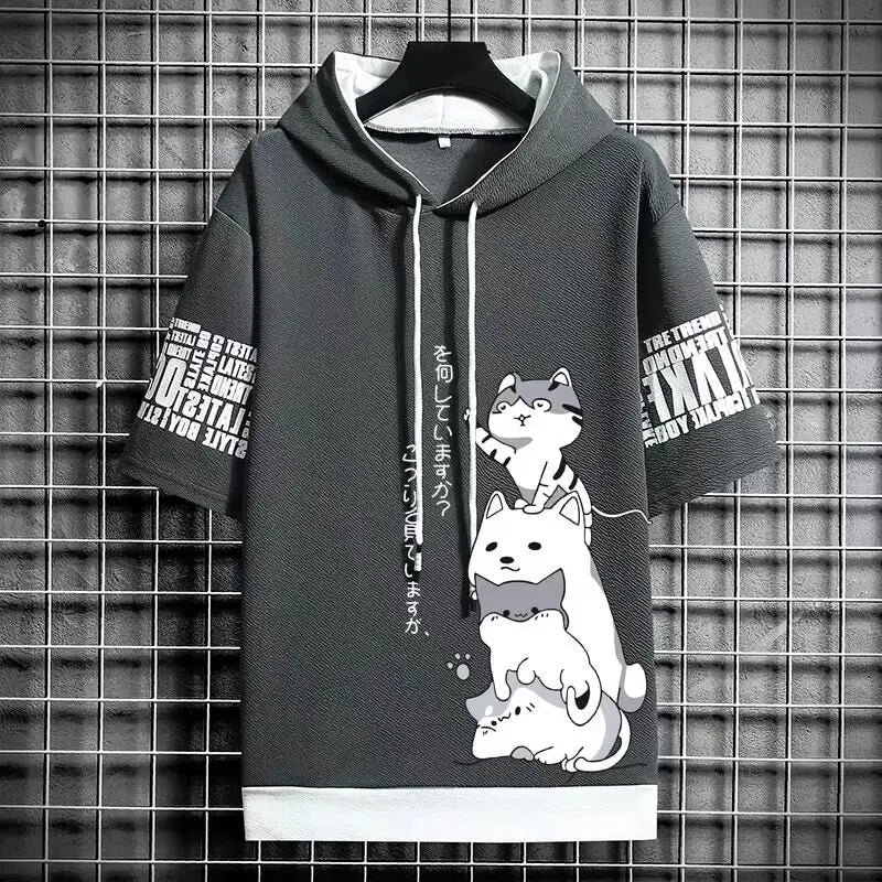Japan Fashion Men's Hoodies Summer Men Clothing Cartoon Casual Harajuku Streetwear Print Hooded Top Short Sleeve Sweatshirts Men Quick Pick Grocers