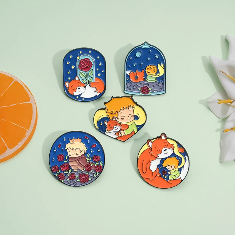 Cartoon Boy Fox Rose Enamel Pins Moon Star Whale Paper Boat Brooch Lapel Hat Bag Badge Jewelry Accessories Gift for Kids Friends Quick Pick Grocers