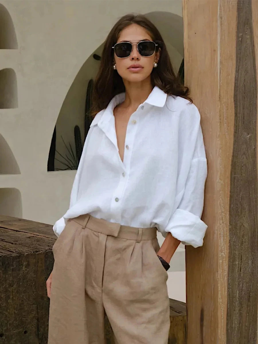 Bornladies 100% Cotton Spring Summer Versatile Lazy Casual Shirt Women's Fashionable Solid Color Loose Shirt Cardigan Shirt Econic Blanks