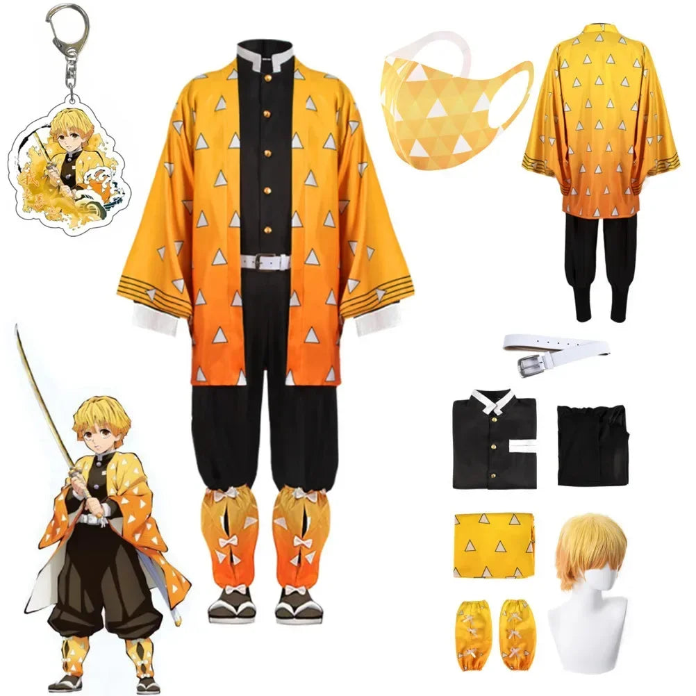 Anime Demon Moordenaar Kimetsu No Yaiba Agatsuma Zenitsu Cosplay  tuum Pruik Vrouwen Kimono Uniform Halloween Kerstfeest Kleding Quick Pick Grocers