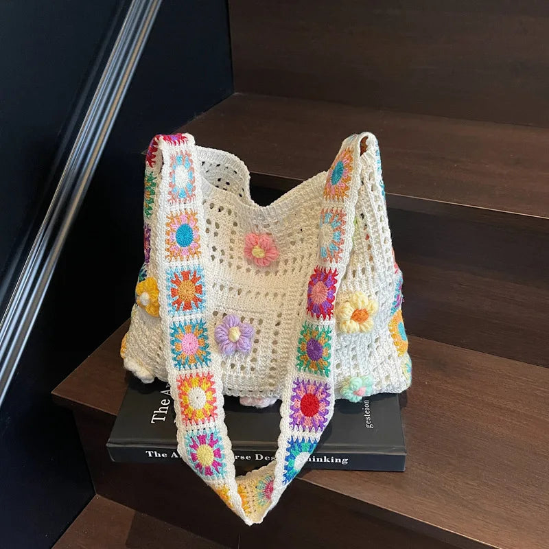 Women's Boho Crochet Bag Designer Flowers Knitted Handbags Large Capacity Summer Beach Woven Shoulder Bag Girls Tote Shopper Bag Quick Pick Grocers
