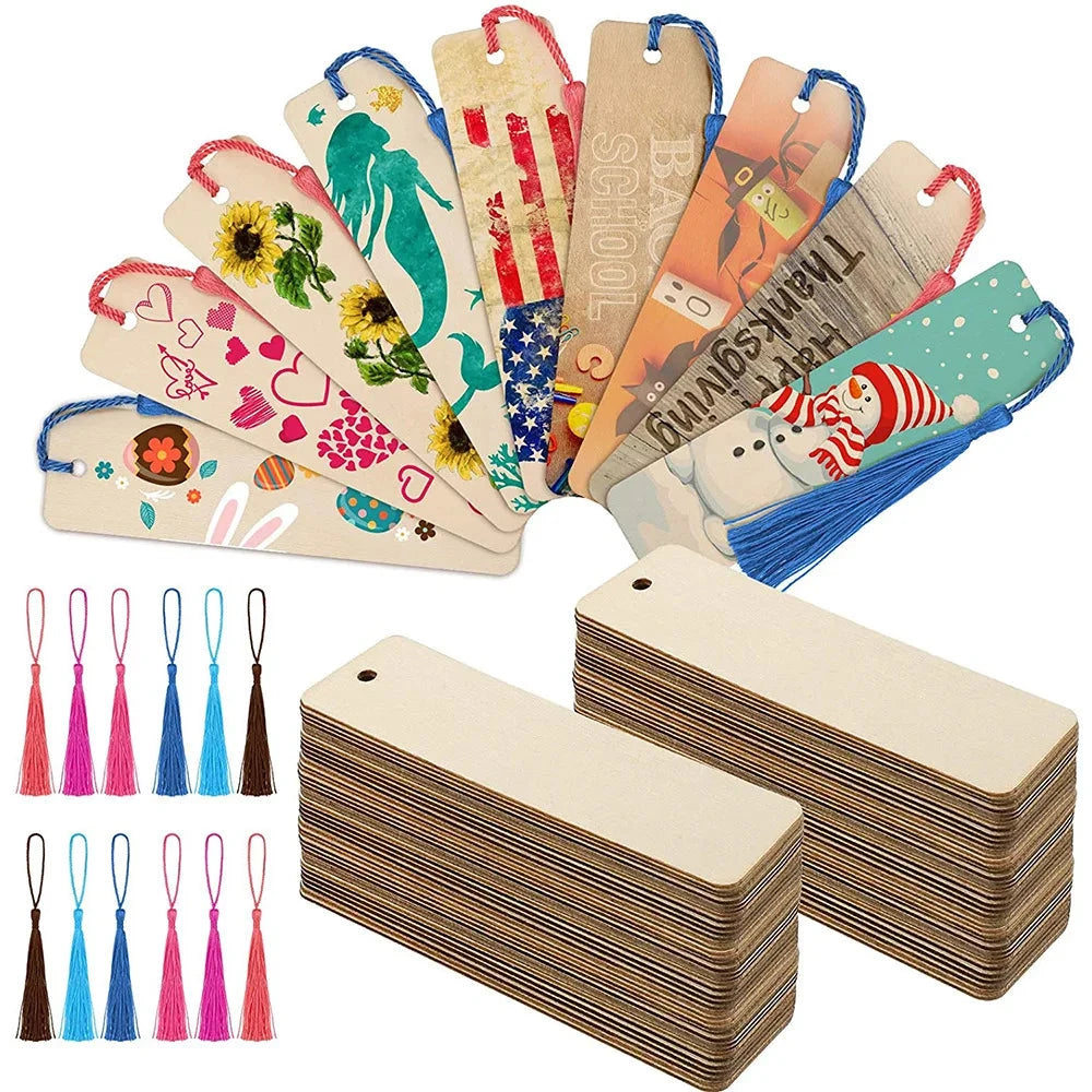 10/20/60Pcs Wood Bookmark Bulk Blank Hanging Label Wooden Bookmarks Sign Unfinished Label Ornaments With Tassel Ropes DIY Crafts Econic Blanks