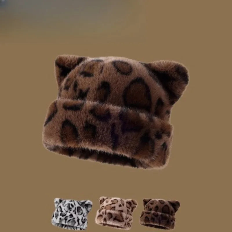 Leopard print plush teddy bear hat for women, sweet and cute, thick and warm, retro and versatile, hooded beanie. Purest Peak