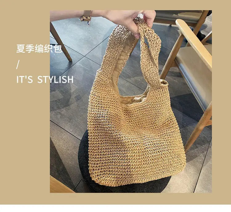 French Style Large Capacity Woven Straw Woven Bag for Women New Beach Vacation Shoulder Bag Casual Commuting Tote Bag Purse Quick Pick Grocers