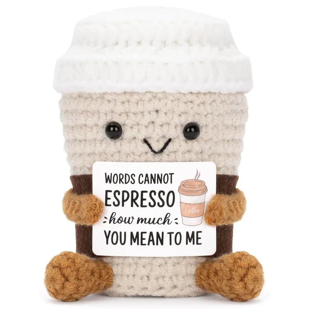 Funny Crochet Emotional Support Coffee Doll With Card Desktop Ornament Handmade Knitted Coffee Dolls Christmas Gifts Home Decor Quick Pick Grocers