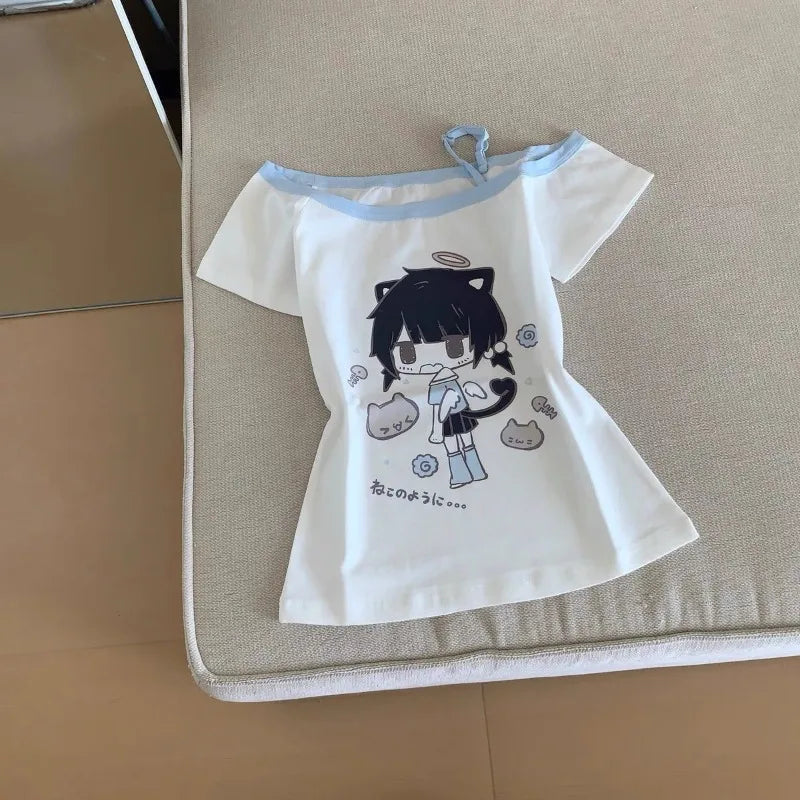 Japanese Y2K Print Skew Collar T-Shirts Summer Off Shoulder Short Sleeve Tee Shirt New Loose All-Match Top for Women Quick Pick Grocers