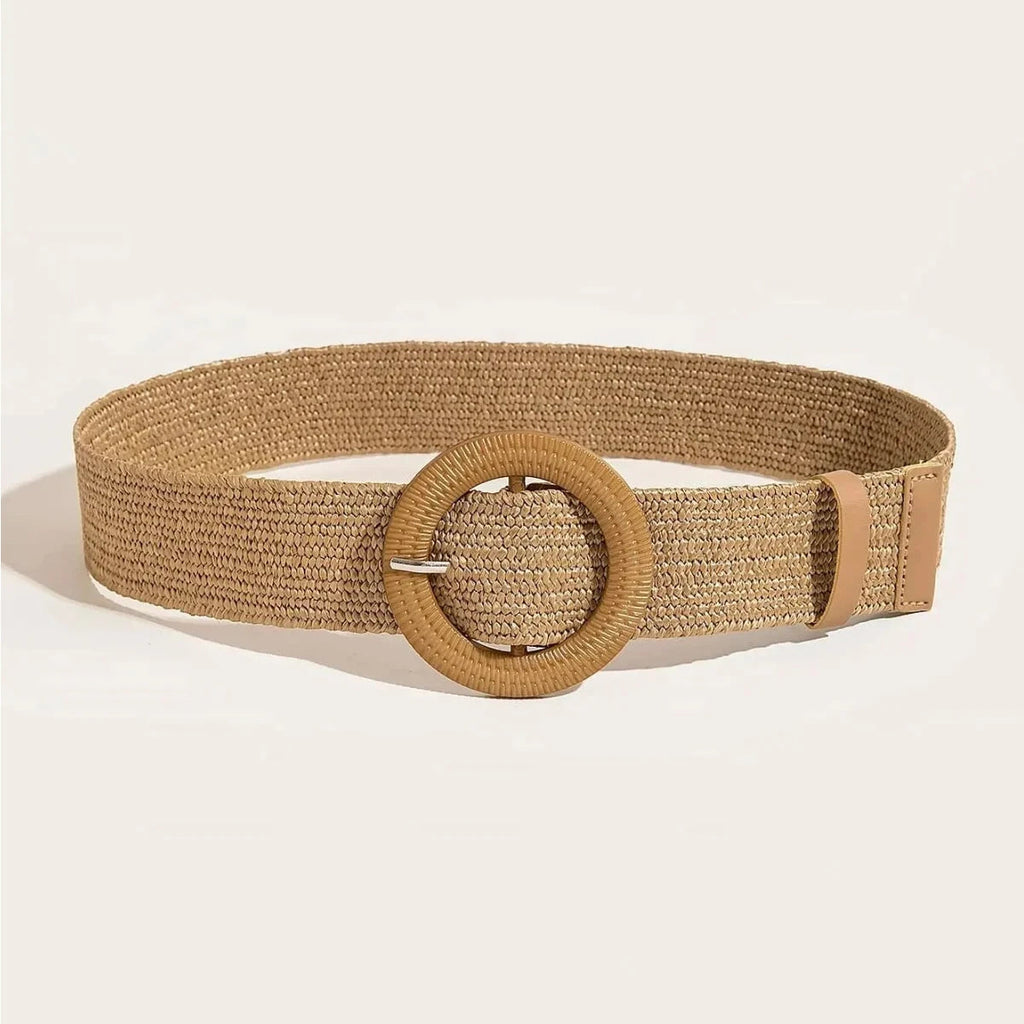 1pc Women Round Buckle Boho Straw Belt For Beach Ellipse Buckle Bead Decor Bohemian Woven Belt For Holiday Quick Pick Grocers