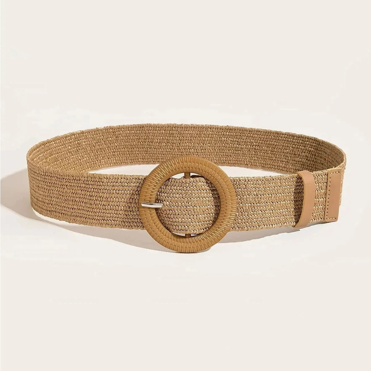 1pc Women Round Buckle Boho Straw Belt For Beach Ellipse Buckle Bead Decor Bohemian Woven Belt For Holiday Quick Pick Grocers