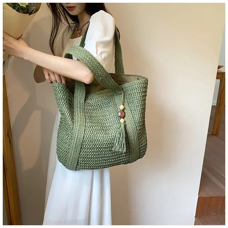 Elegant Ladies Straw Woven Handbag Women Holiday Beach Commute Casual Tote Top-Handle Bags Fashion Retro Shoulder Bags 2024 Quick Pick Grocers