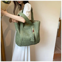 Elegant Ladies Straw Woven Handbag Women Holiday Beach Commute Casual Tote Top-Handle Bags Fashion Retro Shoulder Bags 2024 Quick Pick Grocers