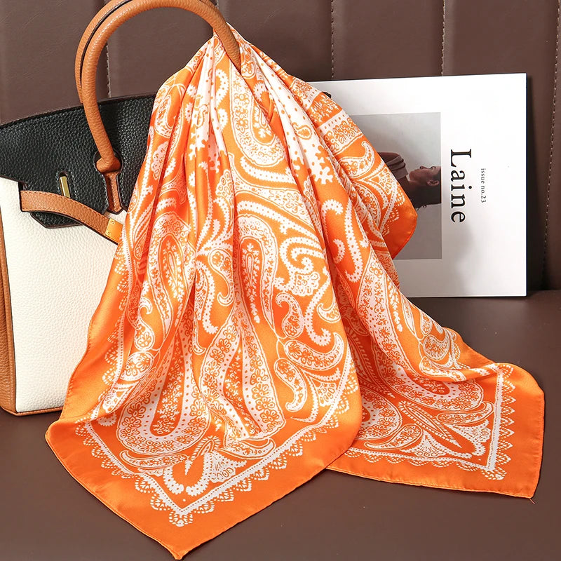 Bohemian Style Print Luxury Brand Silk Square Scarf Women Satin Shawls Neckerchief Wrap Scarves Bandana Hair Hjiab Floral Quick Pick Grocers