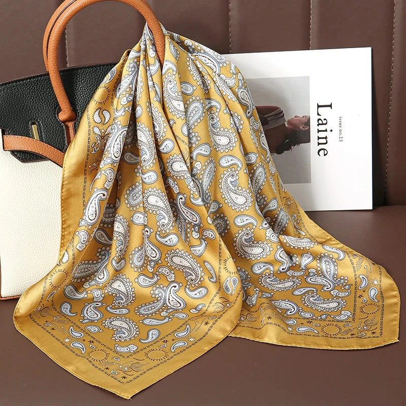 Luxury Print Satin Silk Square Scarf for Women Shawl Hijab Neckerchief Female Hair Ribbon Headband Fashion Wrap Bandana 2023 New Econic Blanks