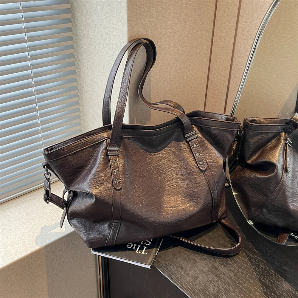 MOODS Large Sized Tote Bags For Women Soft PU Leather Pure Color Large Capacity Shopper Shoulder Crossbody Bag Quality Handbags Quick Pick Grocers