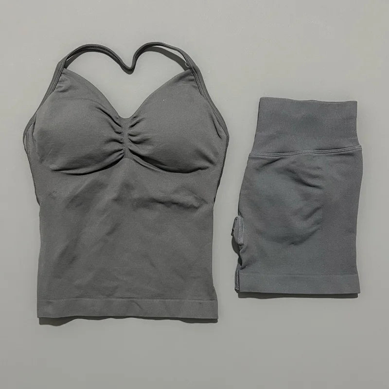 HISTELLO 2 Pieces Sports Set Women Yoga Longline Strap Top Scrunch Seamless Shorts Sport Gym Set Sportswear Workout Fitness Set Quick Pick Grocers