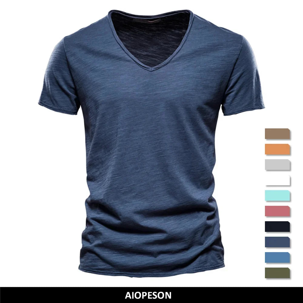 Brand Quality 100% Cotton Men T-shirt V-neck Fashion Design Slim Fit Soild Male Tops Tees Short Sleeve Quick Pick Grocers