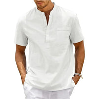Cotton Linen Shirt Men Henley Neck Pocket Casual Beach Short Sleeve Solid Color Male Tops T-shirts Vintage Streetwear Quick Pick Grocers