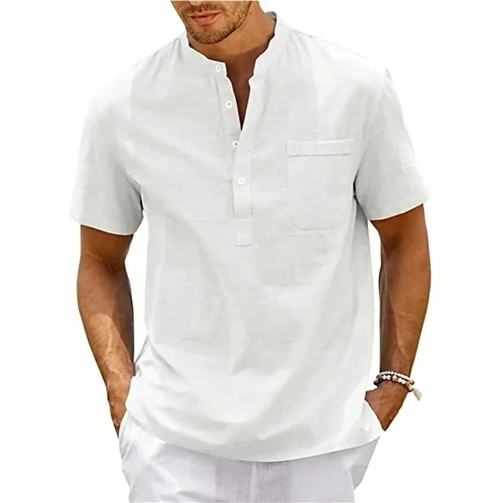 Cotton Linen Shirt Men Henley Neck Pocket Casual Beach Short Sleeve Solid Color Male Tops T-shirts Vintage Streetwear Quick Pick Grocers