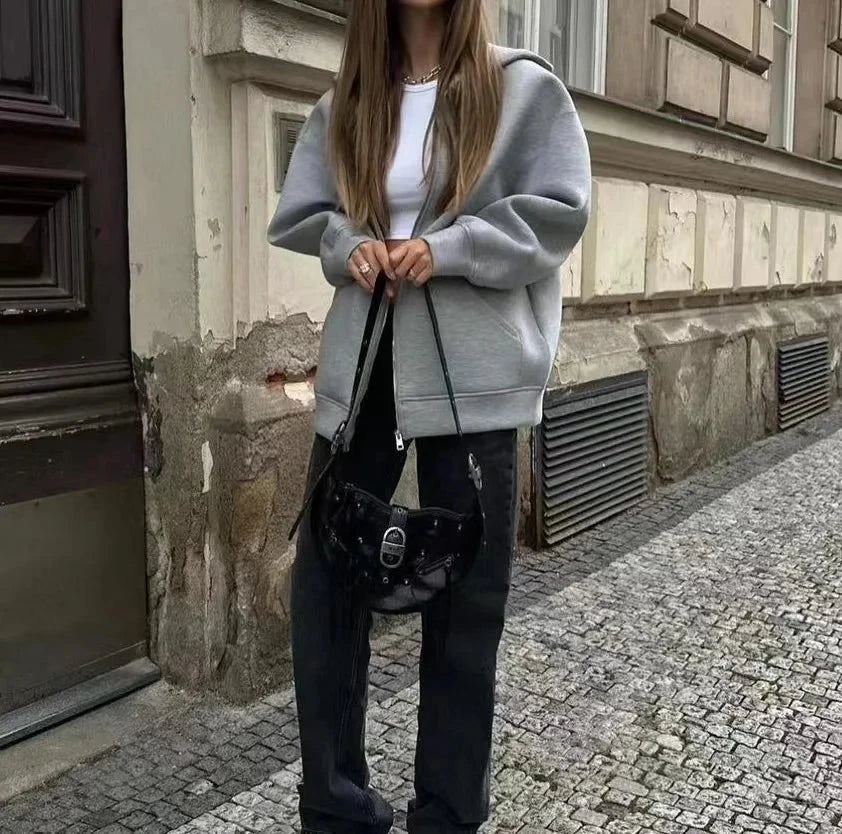 2024 Spring and Autumn New Casual Street Loose Oversize Hooded Zipper Hoodie Space Cotton Jacket Coat Lazy Women's Cardigan Econic Blanks