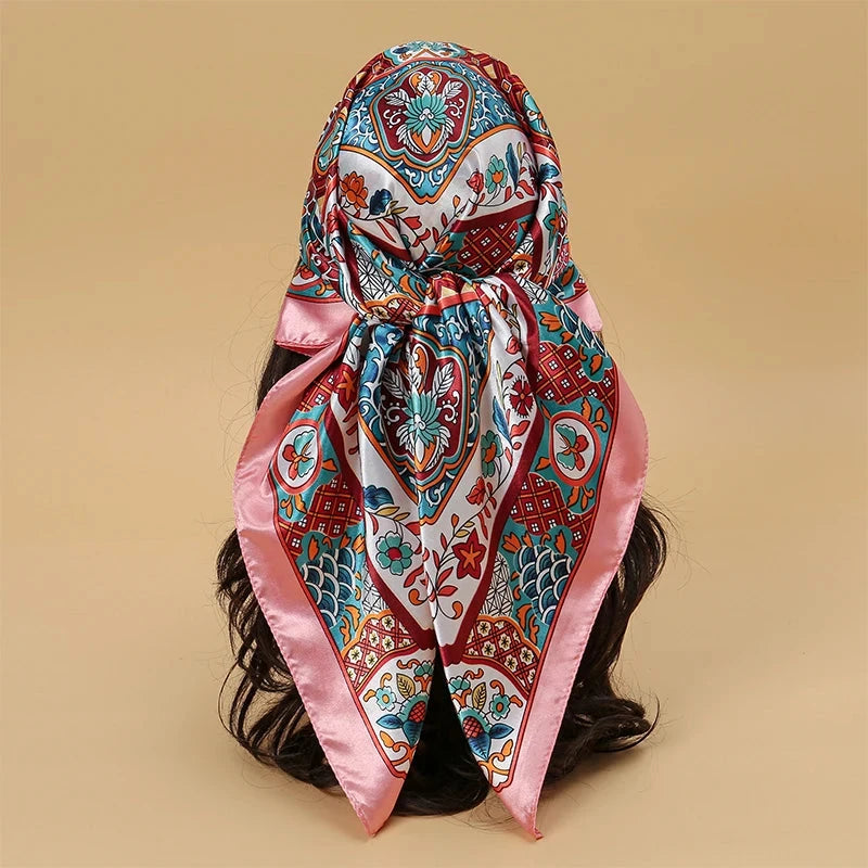 Satin Square Scarf Women Muslim Hijab Elegant 2025 Print Silk Neckerchief Shawl Wraps Headband Handle Hair Accessories Bandana Econic Blanks