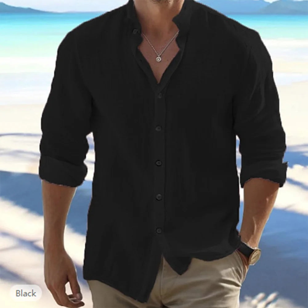 Cotton Linen Hot Sale Men's Long-Sleeved Shirts Summer Solid Color Stand-Up Collar Casual Beach Style Plus Size Quick Pick Grocers