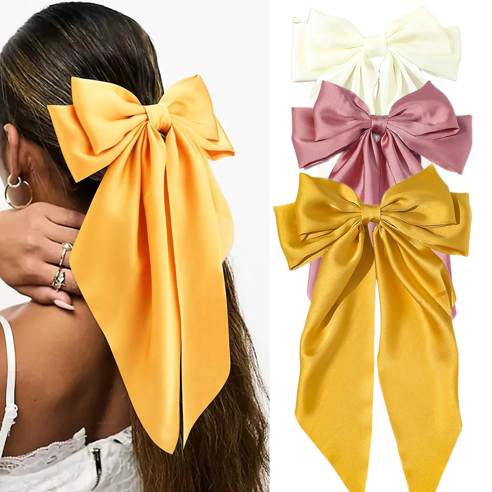 Korean Accessories Hair Clips for Women Girls Big Bowknot Solid Satin Long Ribbon Bows Spring Clamp Barette Cheveux Femme 2023 Quick Pick Grocers