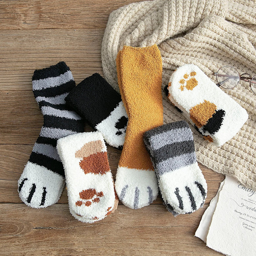 Women Winter Warm Fluffy Socks Cute Animal Claw Cat Paw Footprint Fuzzy Socks Female Thick Coral Fleece Home Floor Sleep Socks Purest Peak