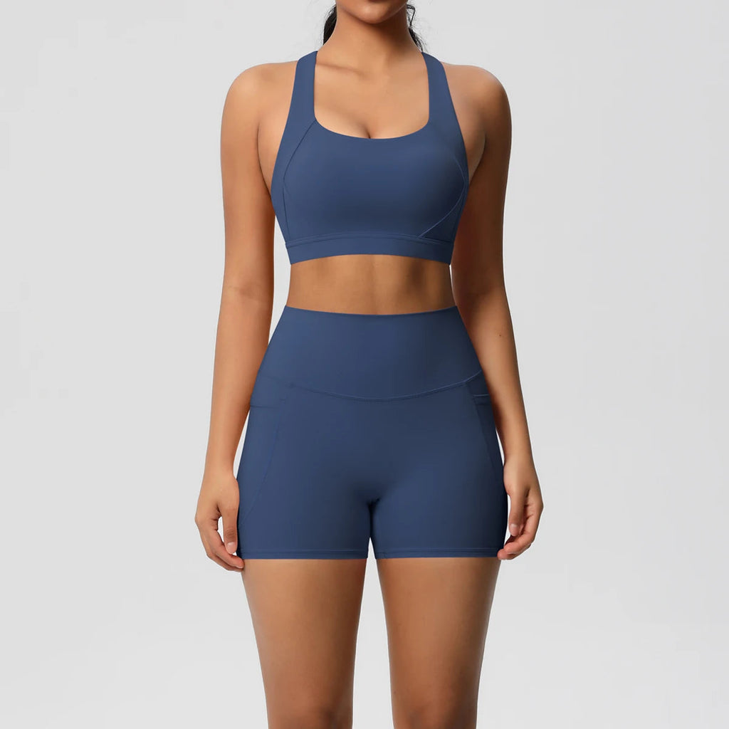 2PCS Sportswear With Pocketed Yoga Set Gym Clothes Yoga Suits For Women Tracksuits Sports Shorts Crossover Bra Gym Leggings Quick Pick Grocers