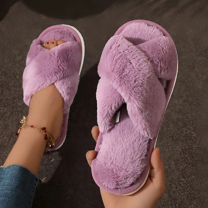 Cross Warm Fluffy Furry Slippers Women Lightweight Flat Heels Fur Slides Woman Autumn Winter Open Toe Non Slip Home Floor Shoes Purest Peak