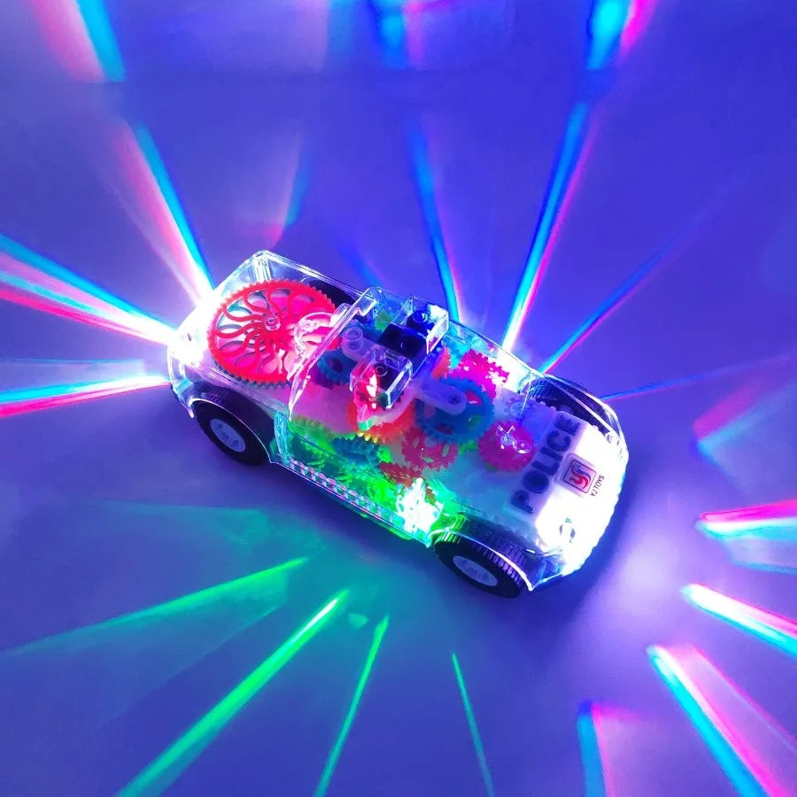 Light Up Transparent Gears Police Car Toy for Kids Bump and Go Toy Car for Boys Girl Educational Baby Toys Car Music LED Effects Quick Pick Grocers
