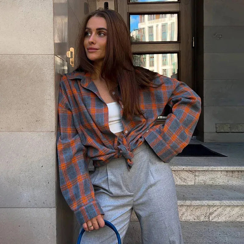 New Vintage Women Oversized Long Sleeve Plaid Shirt Blouse Tops Autumn Winter Button Down Loose Lapel Pocket Shirt Korean Style Quick Pick Grocers