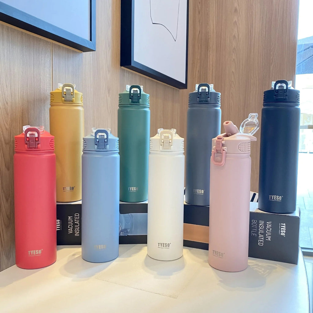 TYESO 600/750ML Thermos Bottle With Straw Stainless Steel Car Thermal Cup Sports Water Bottles Keeps Cold and Heat Thermal Mug Quick Pick Grocers