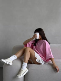 Hirsionsan Summer Casual Oversized T-shirts Women 100% Cotton Pink Loose Tees 2025 New Cusual Solid O Neck Female Aesthetic Tops Quick Pick Grocers