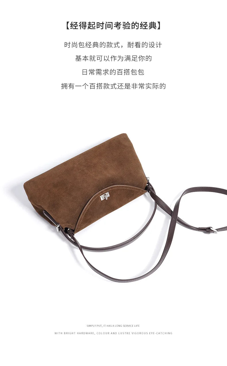 2026 Autumn Winter All-match Bowling Tote All-match Matte Suede Cowhide Leather Women Shoulder Bag Coffee Purple Noble Handbag Quick Pick Grocers