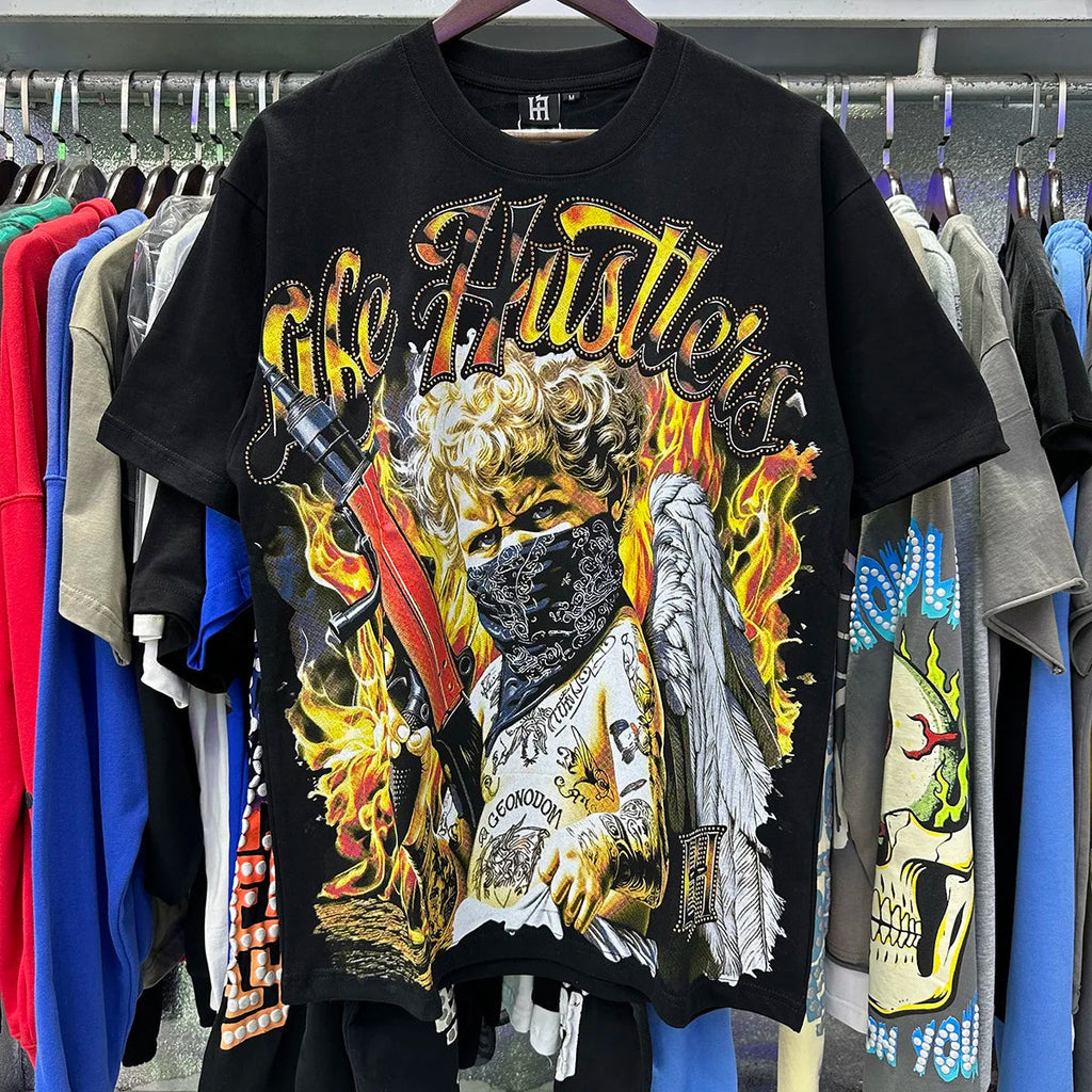 Praying Angel Shinning Diamond Cotton Short Sleeve Tshirts for Men and Women Crew Neck Loose Summer T-shirt Oversized Tees Quick Pick Grocers