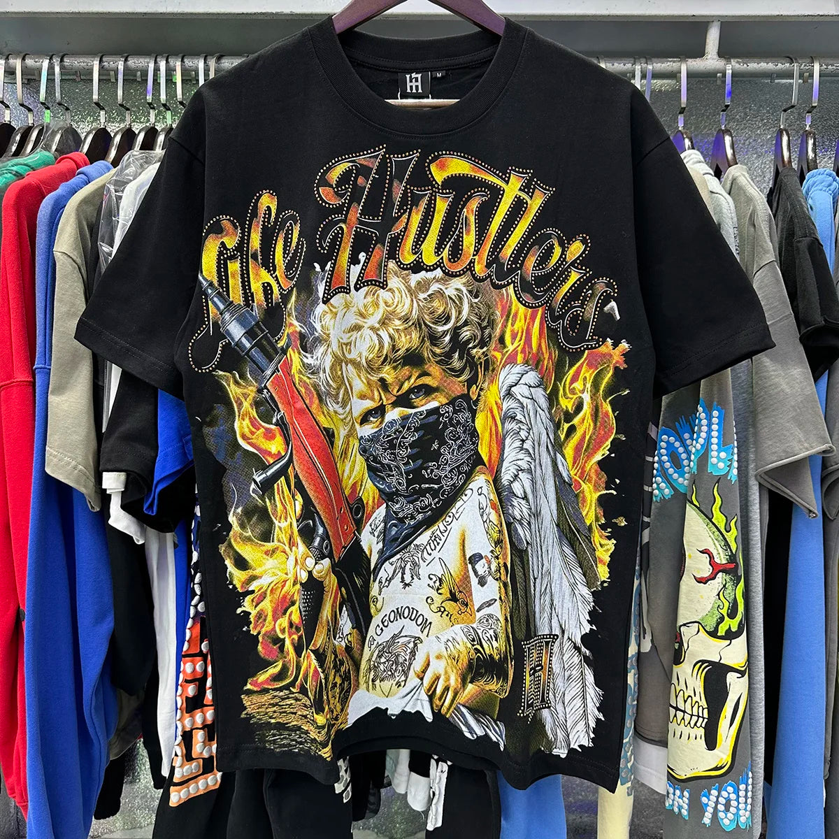 Praying Angel Shinning Diamond Cotton Short Sleeve Tshirts for Men and Women Crew Neck Loose Summer T-shirt Oversized Tees Quick Pick Grocers