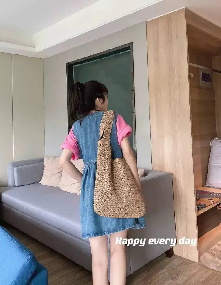 French Style Large Capacity Woven Straw Woven Bag for Women New Beach Vacation Shoulder Bag Casual Commuting Tote Bag Purse Quick Pick Grocers