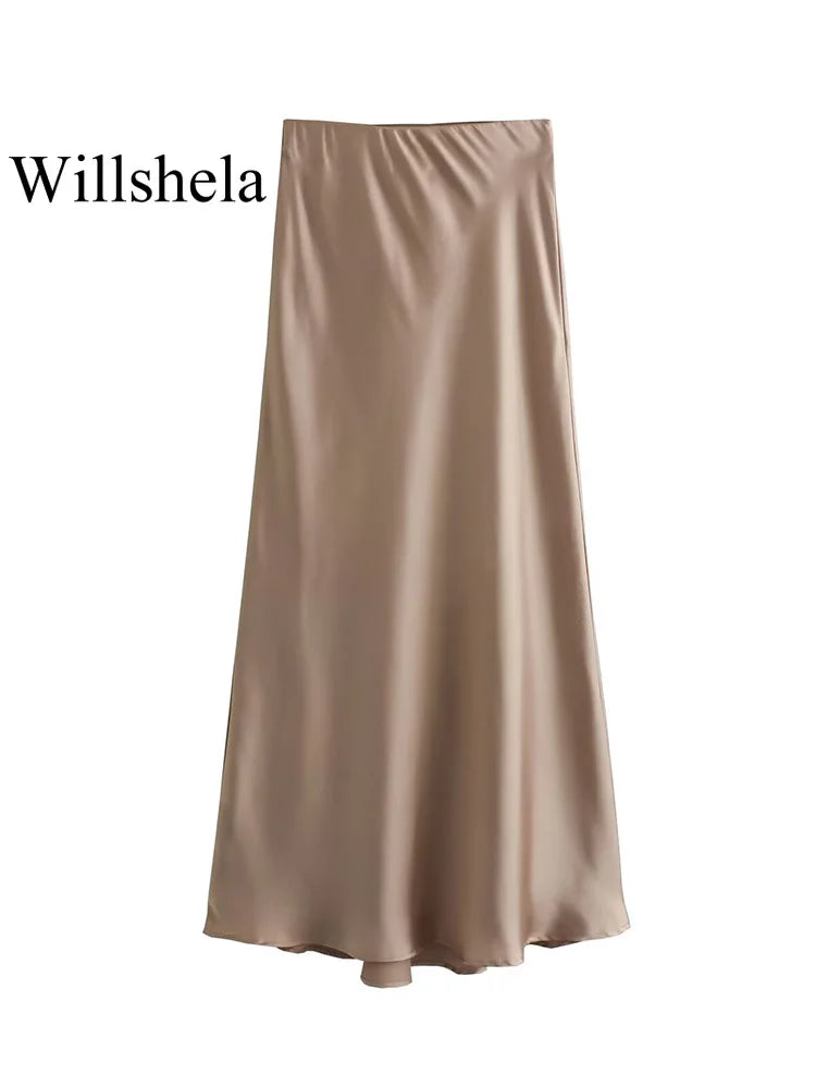 Willshela 2024 Black Satin Skirt Woman High Waist Elegant Long Skirts For Women Fashion Summer Midi Skirt Office Women's Skirts Quick Pick Grocers