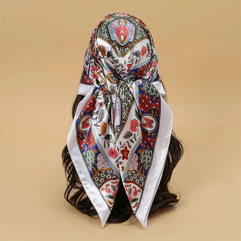 Satin Square Scarf Women Muslim Hijab Elegant 2025 Print Silk Neckerchief Shawl Wraps Headband Handle Hair Accessories Bandana Econic Blanks