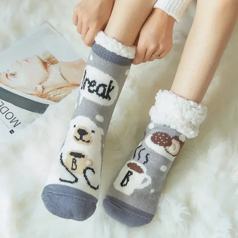 Christmas Gift Slipper Socks Women Thermal Winter Warm Plush Non slip Grip Sleeping Floor Short Sock Fuzzy Fluffy Female Cartoon Quick Pick Grocers