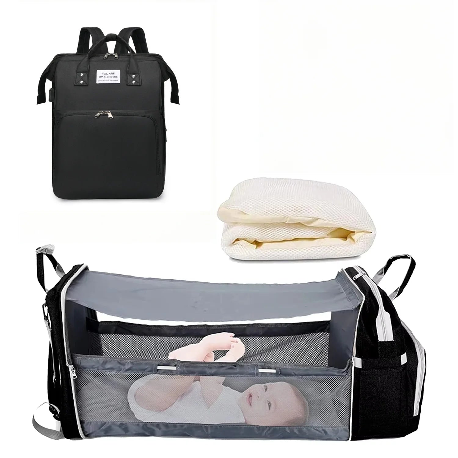 3 In 1 Diaper Bag Backpack Foldable Baby Bed Waterproof Travel Bag with USB Charge Diaper Bag Backpack with Changing Bed 3 types Purest Peak