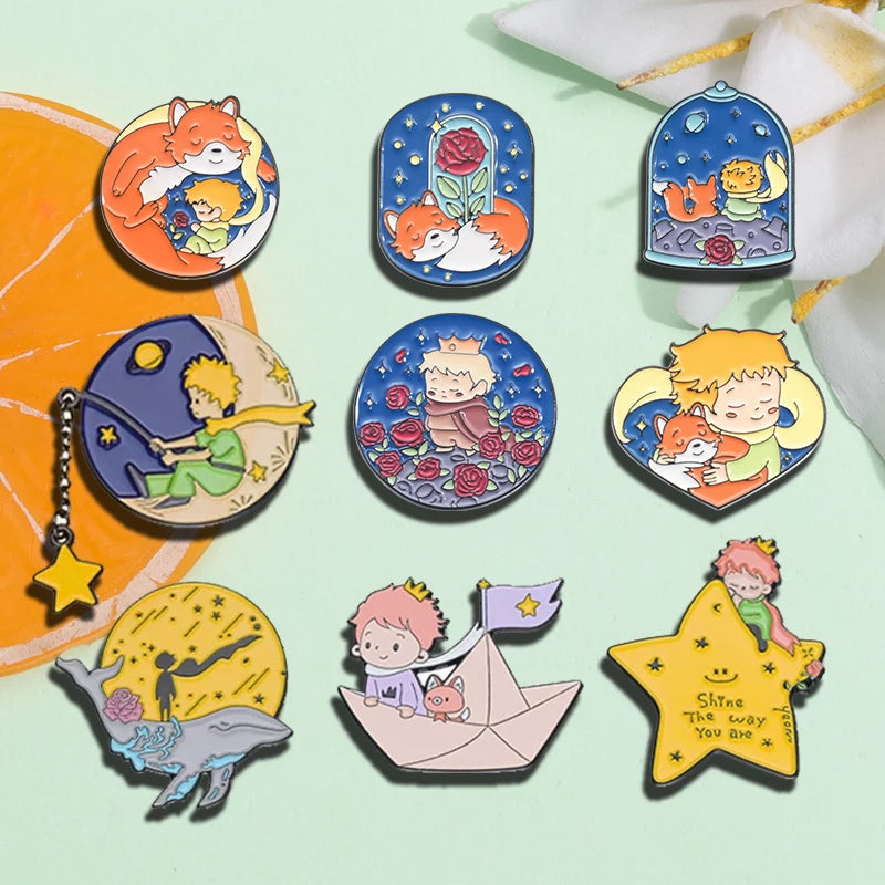 Cartoon Boy Fox Rose Enamel Pins Moon Star Whale Paper Boat Brooch Lapel Hat Bag Badge Jewelry Accessories Gift for Kids Friends Quick Pick Grocers