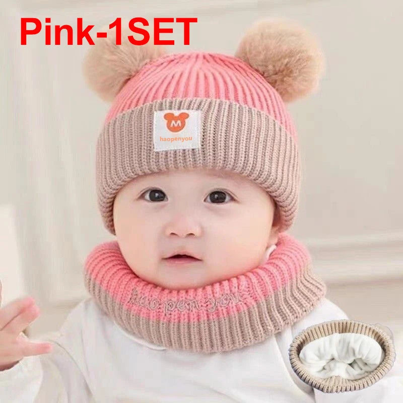 Cute Winter Warm Kids Girl Boys Baby Hats Fleece Wool Hemming Caps with Ball Solid Wool Ear Protection Hats Soft Newborn Bonnet Purest Peak