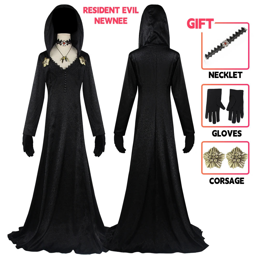 In Stock Moth Lady Evil Cosplay Fantasia Village Vampire Lady Dimitrescu Costume Women Black Dress Halloween Carnival Party Suit Quick Pick Grocers