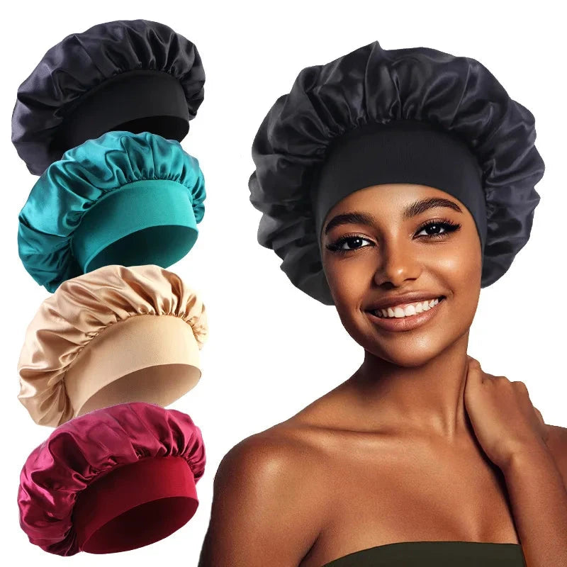 1PC Women's Satin Solid Bonnets Wide-brimmed Night Sleeping Bathing Hat Unisex Head Wrap Elastic Band Cap Hair Care Bonnet. Econic Blanks