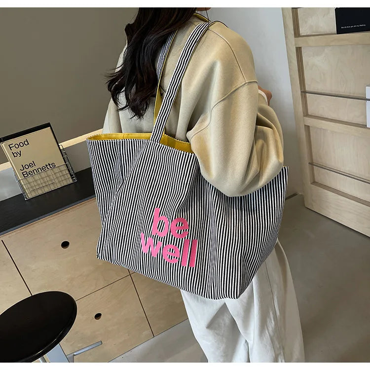 Casual Large Stripe Women's Shoulder Bag 2025 New Fashion Commuter Tote Bag High Capaci Canvas Handbag for Youth bolso mujer Quick Pick Grocers
