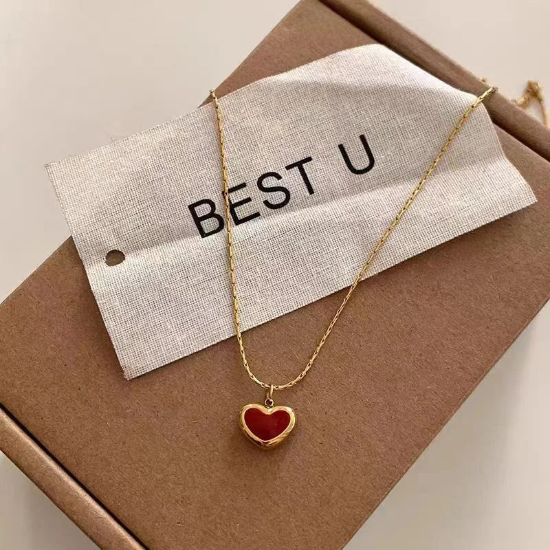 2025 Mothers Day Red Heart Pendant Stainless Steel Gold Color Chain Necklace for Women Non Fading Jewelry Sweet Accessories Gift Quick Pick Grocers