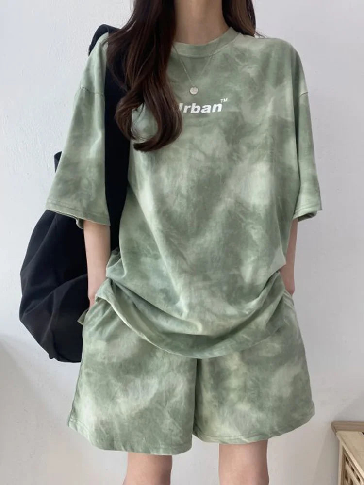 Women T-Shirt Shorts Suit Set Casual Tie Dye Loose tshirt and wide leg middle shorts with pockets female Soft Summer Shorts Sets Quick Pick Grocers