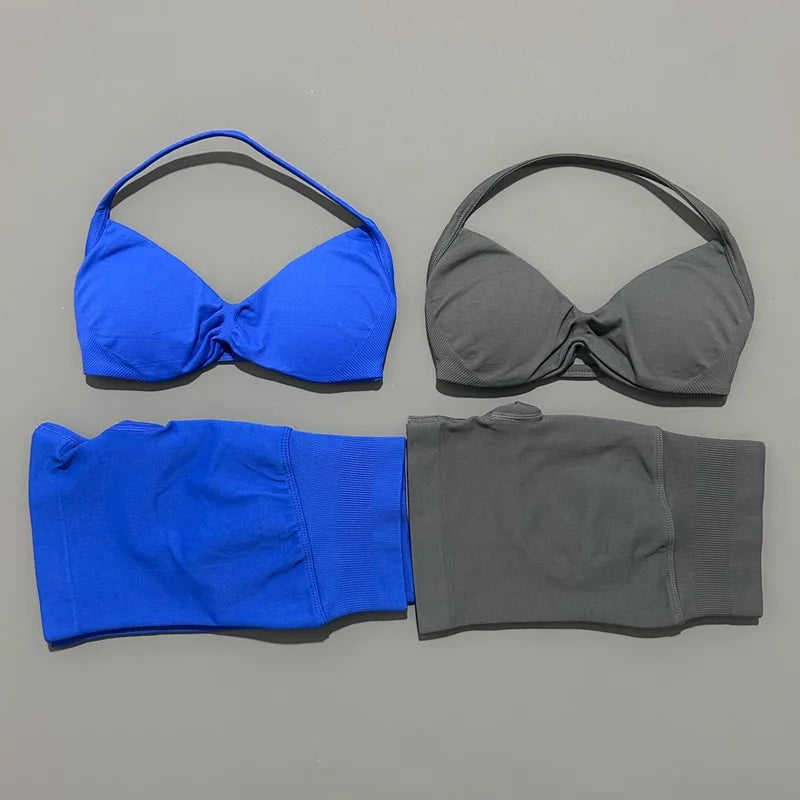 HISTELLO Gym Set 2 Piece Women Strappy Yoga Bra Top Workout Scrunch Shorts Sports Suit Fitness Clothes Seamless Yoga Set Quick Pick Grocers